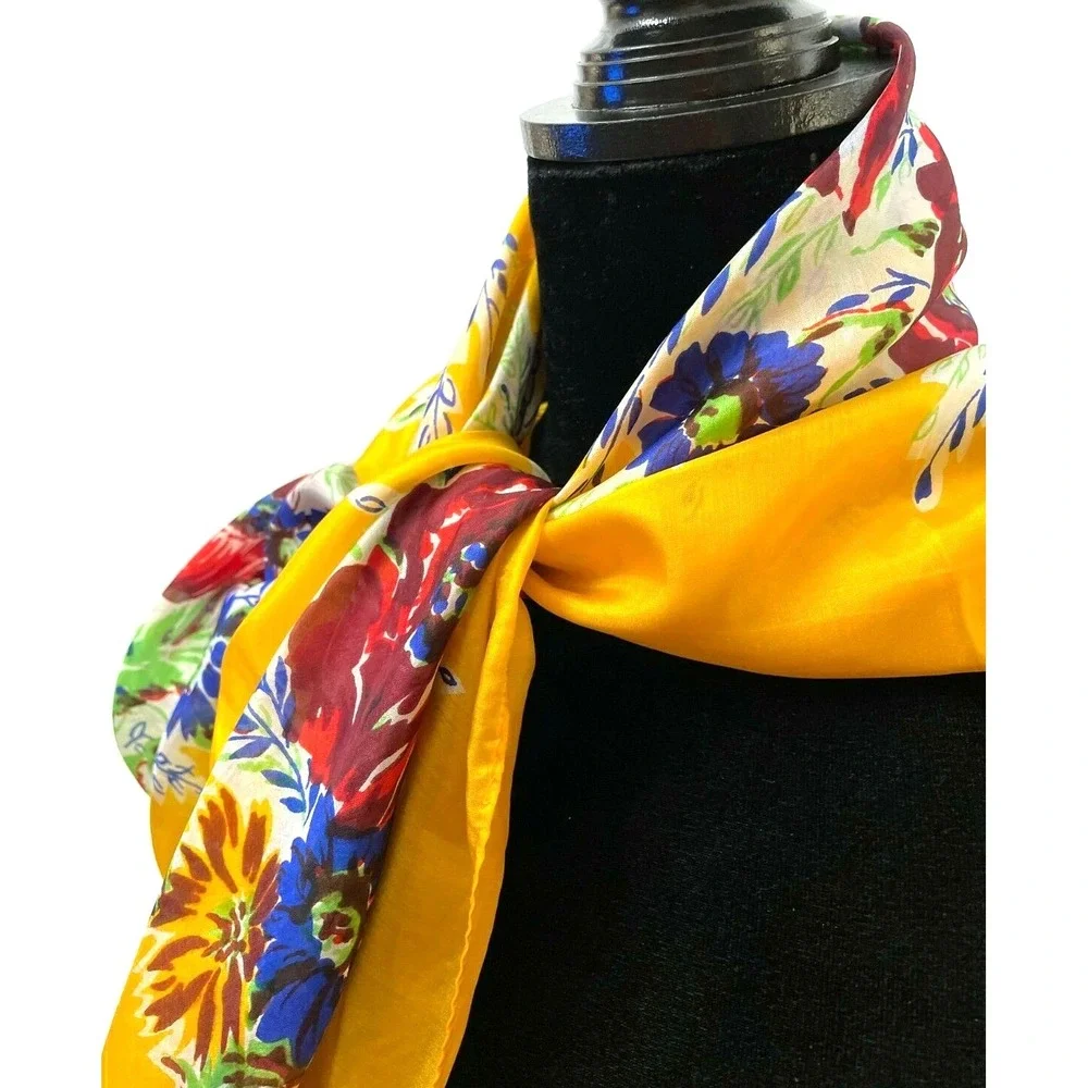 Pure‎ Silk Womens Square Scarf Hand Rolled Gold Hand Screen Printed Floral Silk